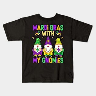 Mardi Gras With My Gnomies 2024 Mardi Gras Beads Gnomes Kids T-Shirt